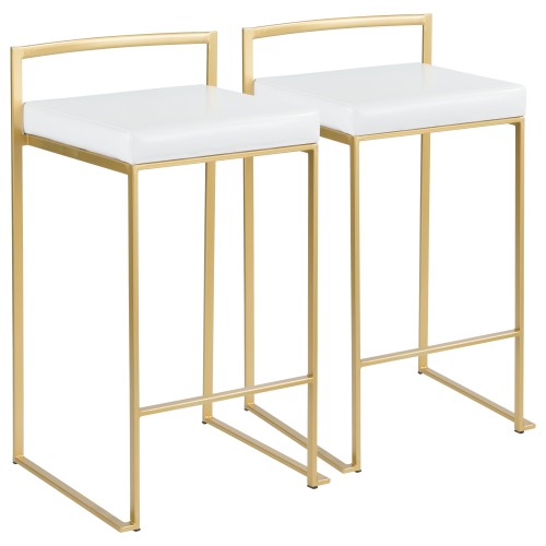 Fuji Stacker Counter Stool (Gold Metal + White Faux Leather) - Set of 2